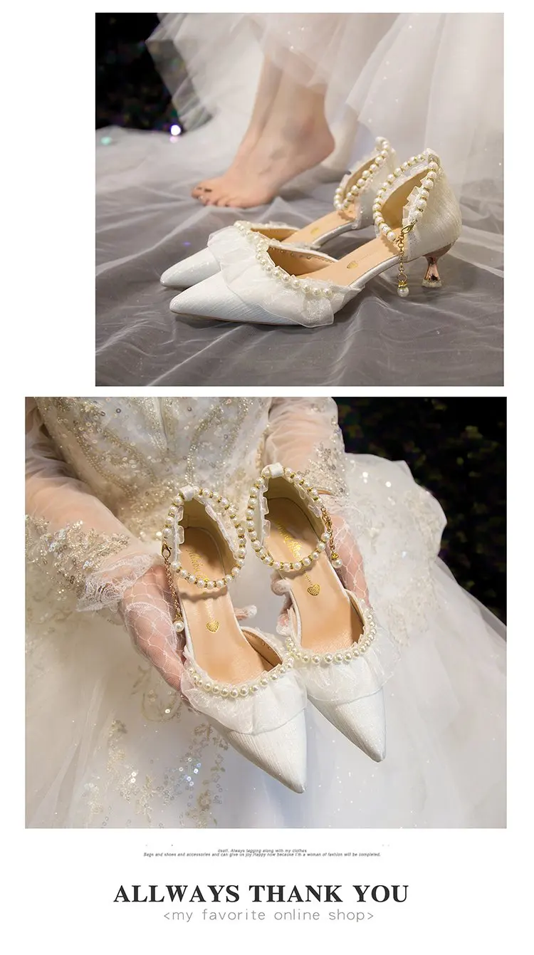 Weiße Hochzeitsschuhe für Damen 2026 Sommer Luxus Seide Perlen Knöchelriemen High Heels Pumps Spitze Damenschuhe mit Absatz – Detail 6