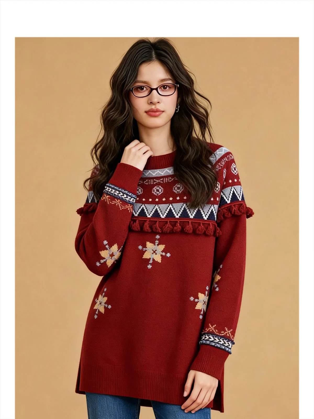 

Красный свитер Cisas Aosphere с вышивкой и кисточками, свободный крой, длинный рукав, круглый вырез, вязаный, Forever 2, женская мода