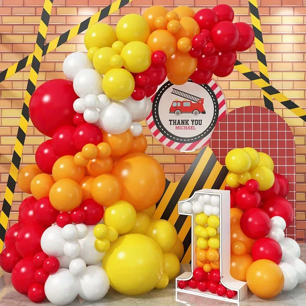 110 Stück Feuer-Themen-Bogen-Set, Luftballons mit Feuerwehrauto, Latex-Luftballons, rot-gelbe Luftballons, geeignet für Geburtstagsparty-Dekoration