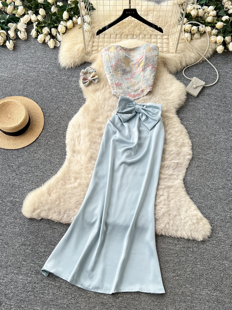 

Sweet Knot Strap Vest Skirt Set Women's Summer Two-Piece Elegant Commute Personality Ensemble High Waist A-Line Skirt
