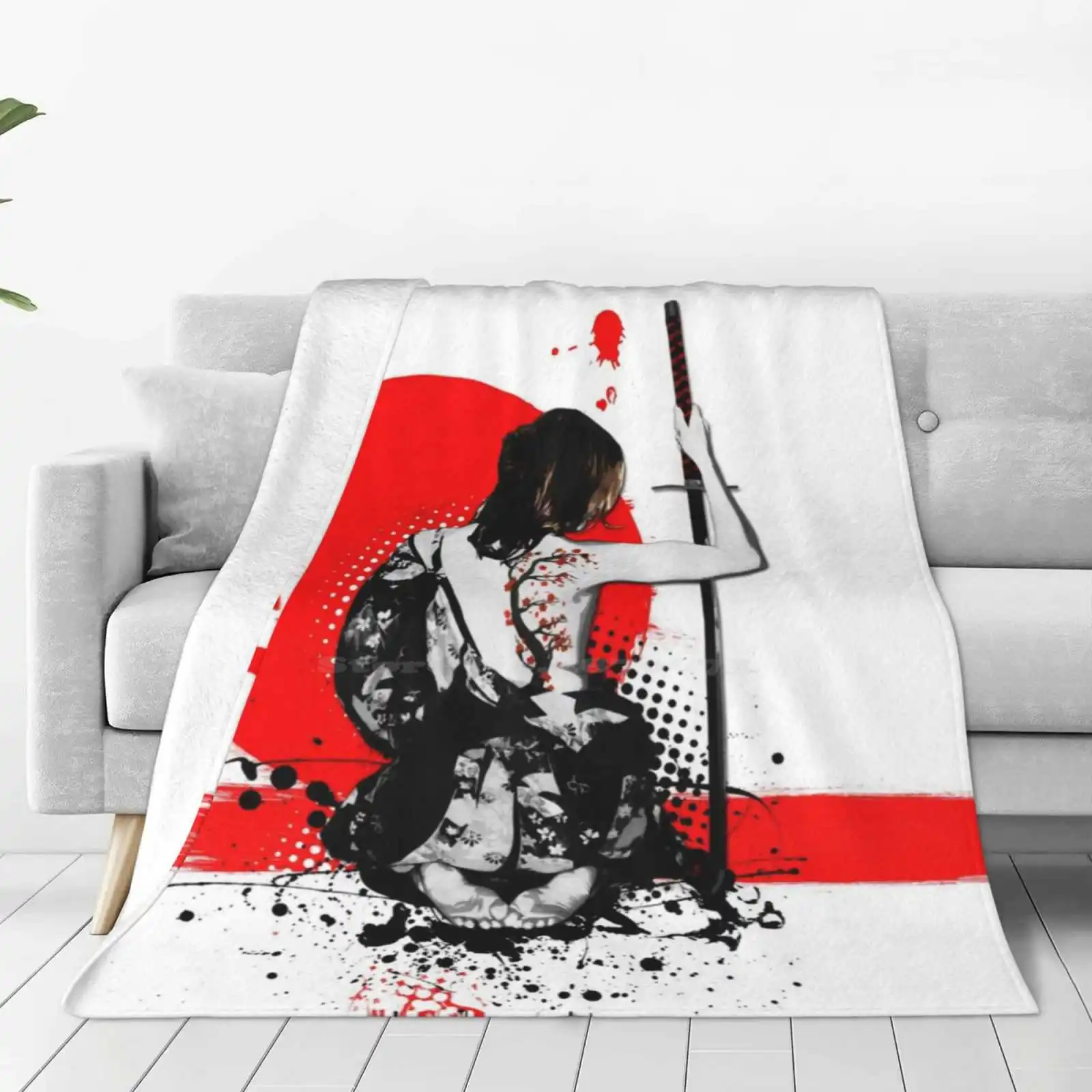 Female Samurai Hot Sale Printing High Qiality Warm Flannel Blanket Samurai Woman Female Girl Warrior Japan Spatter Sword Katana