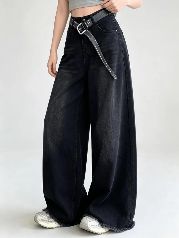 Women's Black Gothic Emo Baggy Jeans Y2k Gyaru Oversize Denim Trousers Vintage Harajuku Grunge Alternative Wide Leg Jean Pants