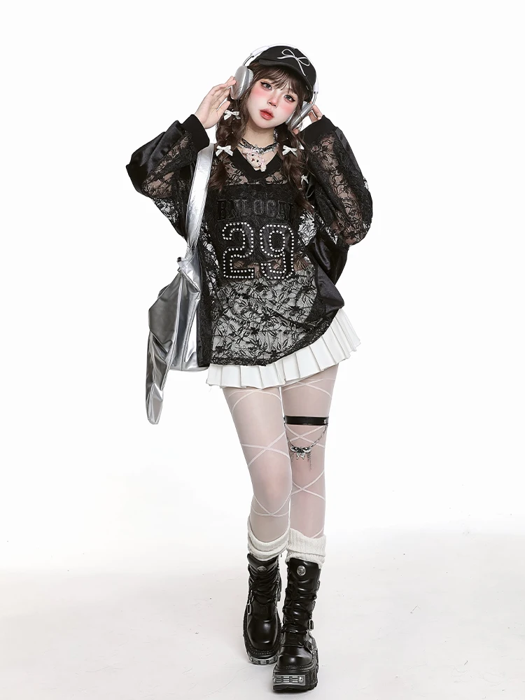 

Lace Patchwork V-Ne Long Sve T-irt Women's Loose Lazy Sle Hollow out Design Thin Autumn Baseball orm Top