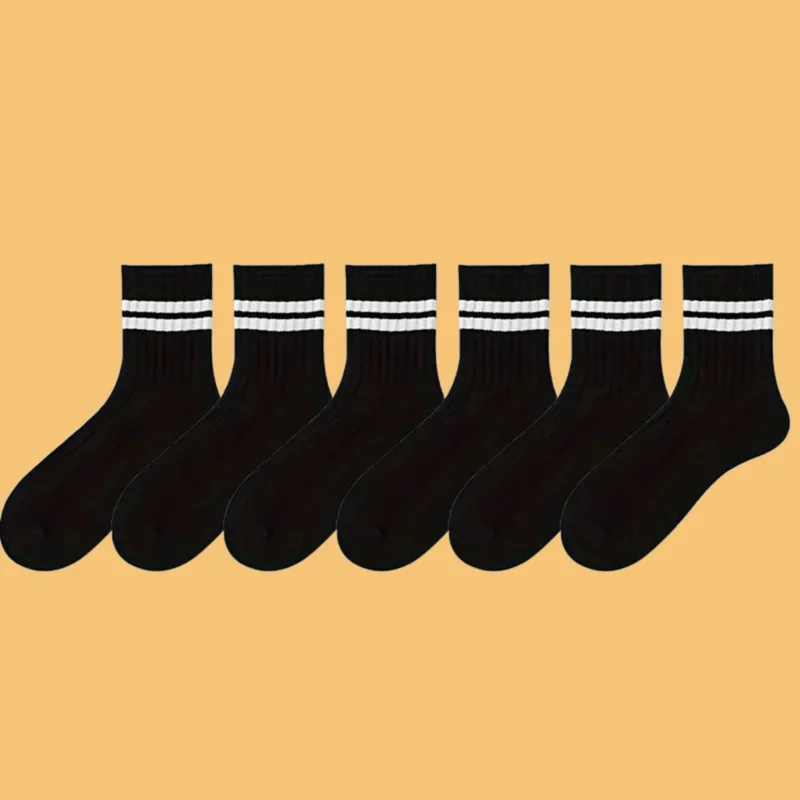 Chaussettes mi-tube respirantes pour hommes, chaussettes décontractées simples, chaussettes noires et blanches, chaussettes à col rond, haute qualité, printemps, automne, 6 paires