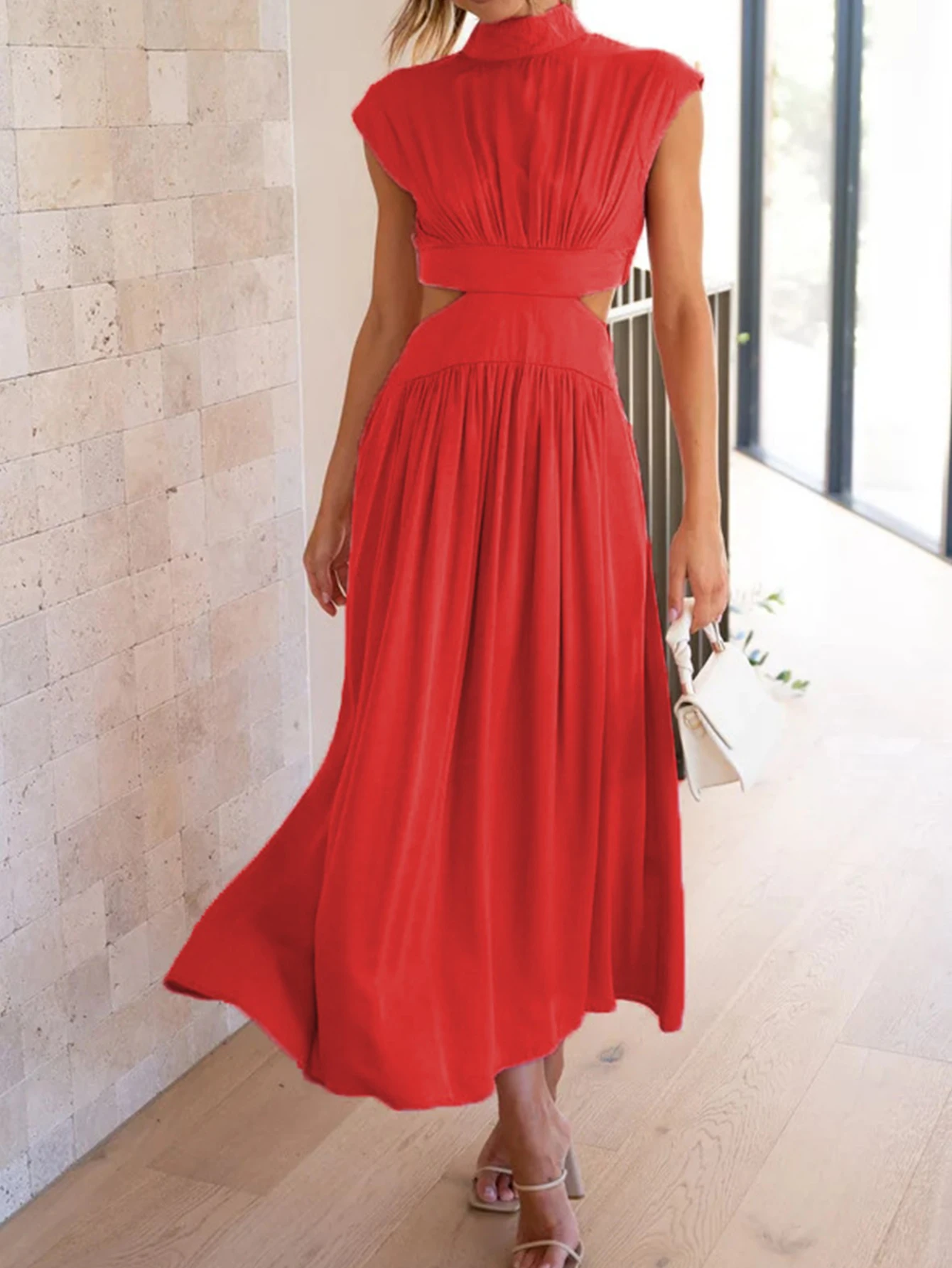 Vestidos largos de otoño para mujer, corte entallado, Color sólido, manga casquillo, cuello levantado, vestido midi de cambio para vacaciones