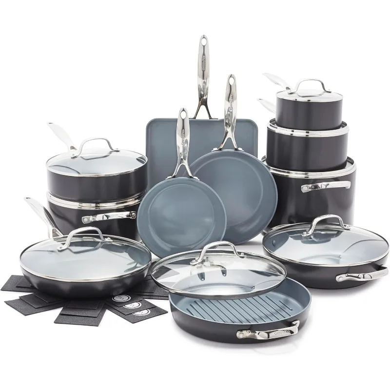 Valencia Pro Hard Anodized Healthy Ceramic Nonstick 22 Piece Cookware Pots & Pans Set, Fry Grill