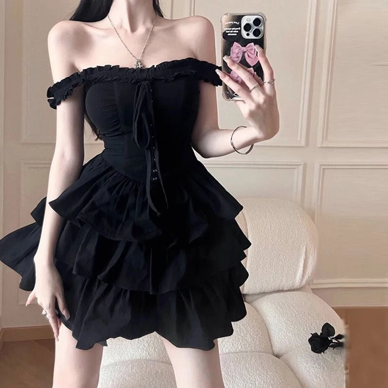 

Gothic Black Sexy Slip Dress Y2K Harajuku Streetwear Punk Lace Up Cake Dress Female Summer Korean Fashion Party Ruffles Dresses