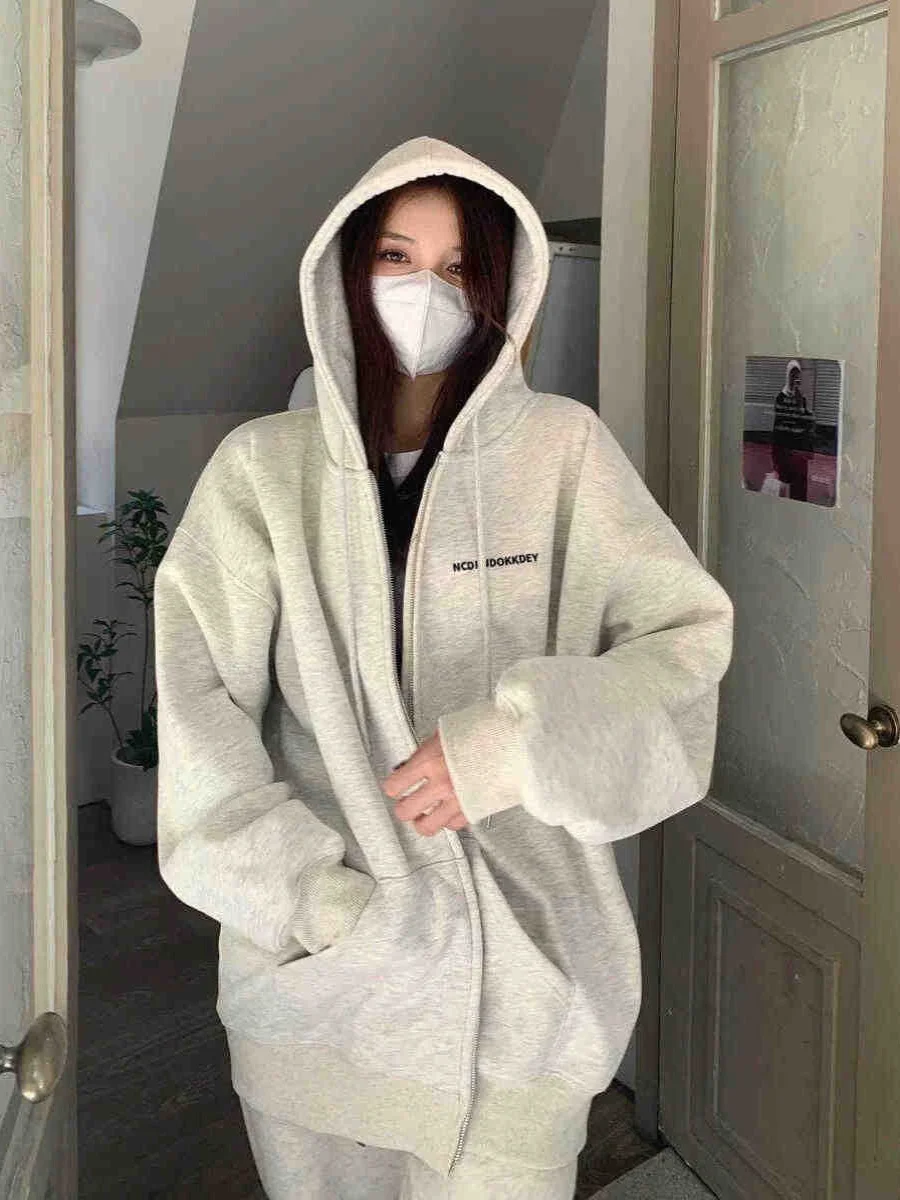 Sweat à capuche doublé grande taille ey Fce pour femme, vêtement d'extérieur décontracté, haut américain rétro paresseux, automne hiver