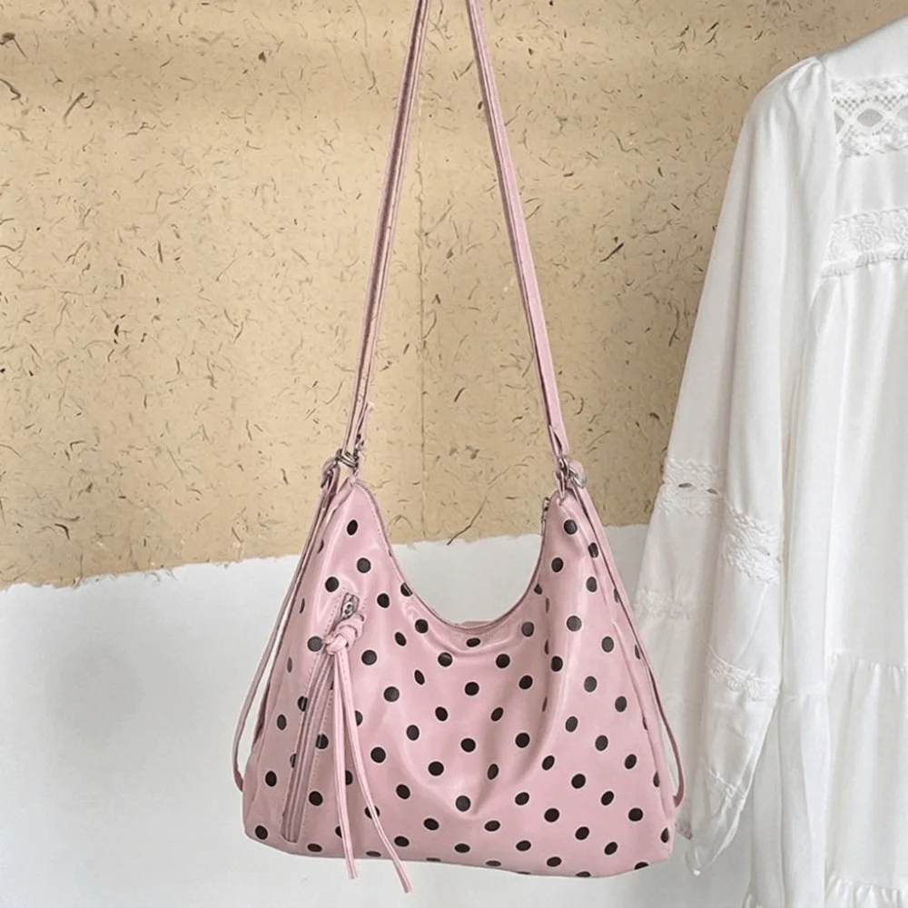 Simple PU Leather Polka Dot Shoulder Bag Large Capacity Backpack Tote Bag Lightweight Underarm Bag Bucket Handbag Shopping