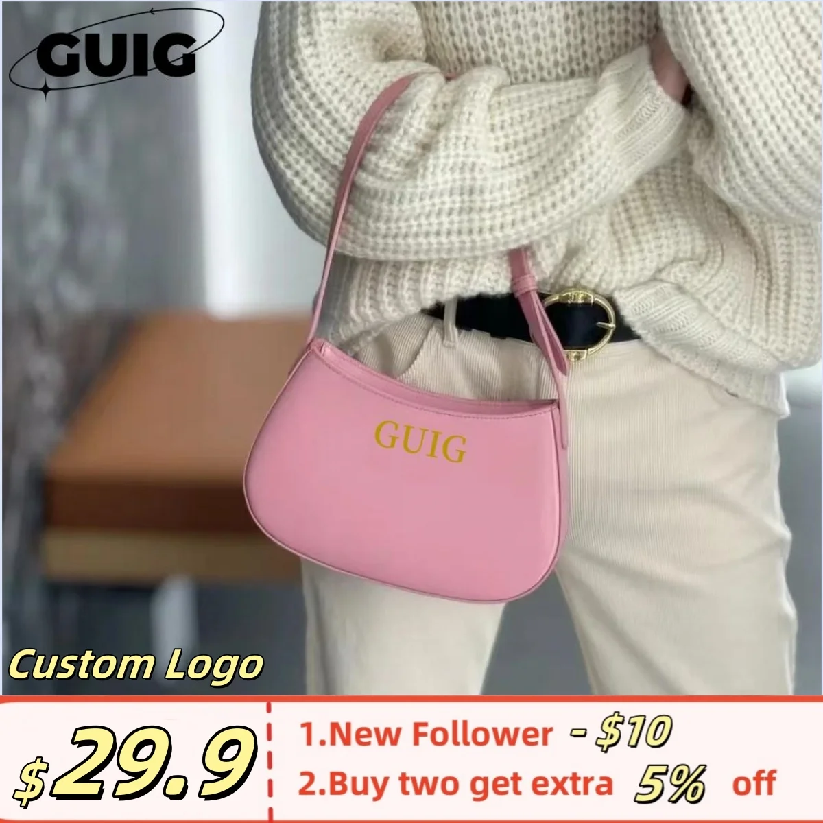 Guig novos sacos femininos de luxo couro original personalizado rosa senhora bolsa ombro sacos marca para mulheres moda bolsa feminina