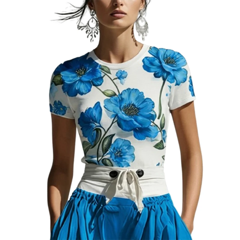 Yeezzi Damen Elegante Blaue Blumenmuster-Oberteile 2026 Neu Kurzarm Rundhals Slim Fit Lässige Sommer-T-Shirts – Detail 9