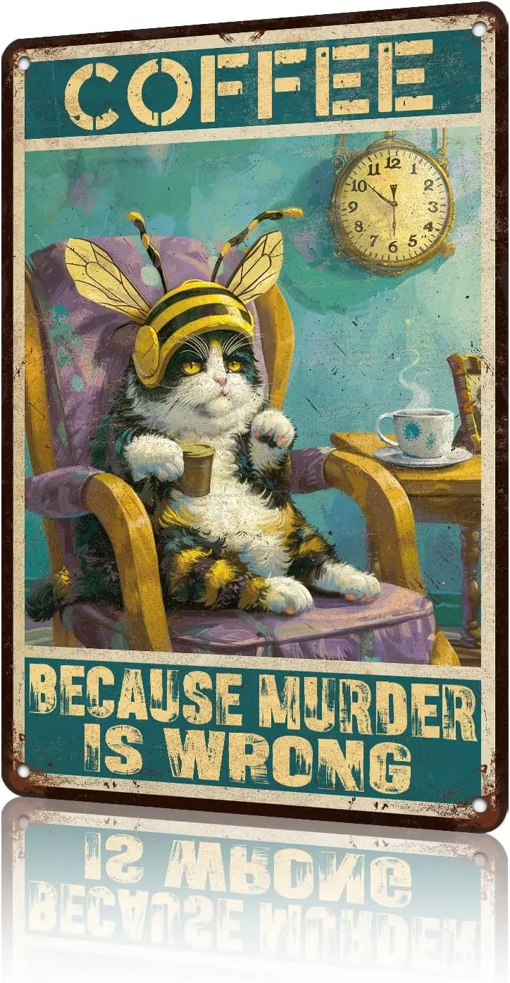 Coffee Bar Tin Metal Sign Coffee Because Murder Is Wrong Cat Wall Art Vintage Sign For Kitchen Coffee Nook Corner Coffee Station