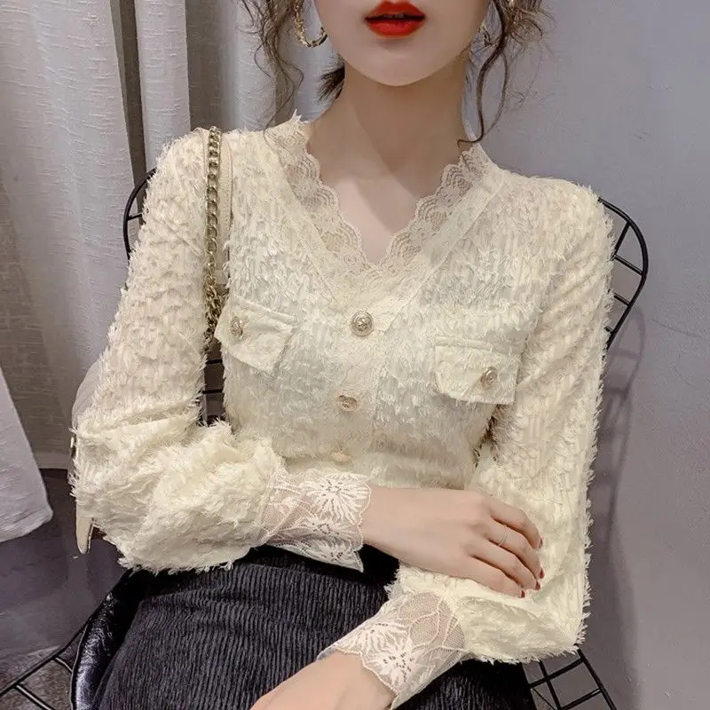 2023 New Spring Fashion Celebrity Temperament Tassel V-Neck Lace Shirt Women\'s Long Sleeve Foreigner Style Underlay Top Bottom