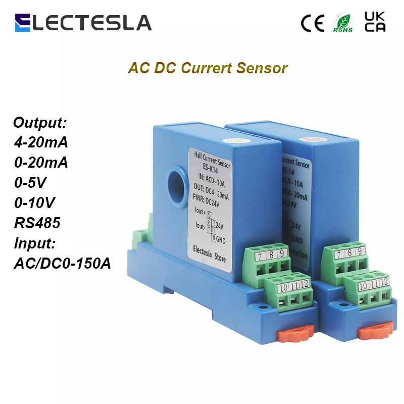 Hall DC Current Sensor Signal Transmitter Output 4-20mA 0-5V Input Analog Signal 0-150A 12mm 15mm Hole Current Transformer DC24V