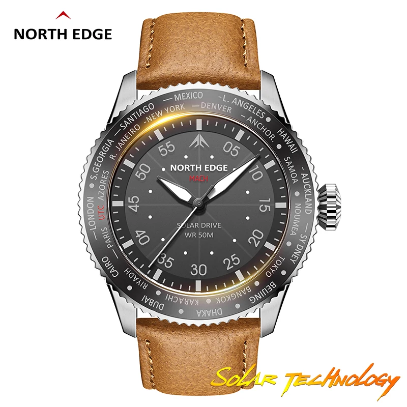 NORTH EDGE 2024 MACH Solar Power Quartz Watch Men\'s Pilot Sports Wristwatches Luminous Enviormentally Clock Men Waterproof 50M