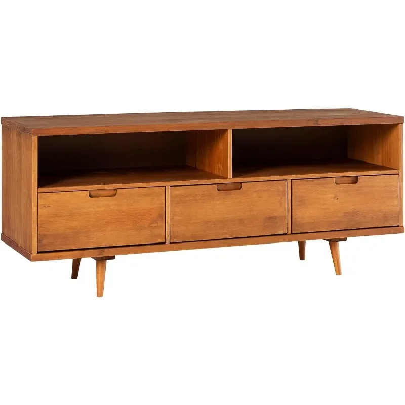 Modern Wood TV Stand para sala de estar, tela plana, porta do armário, armazenamento para entretenimento, 3 gavetas, meados do século, até 65"