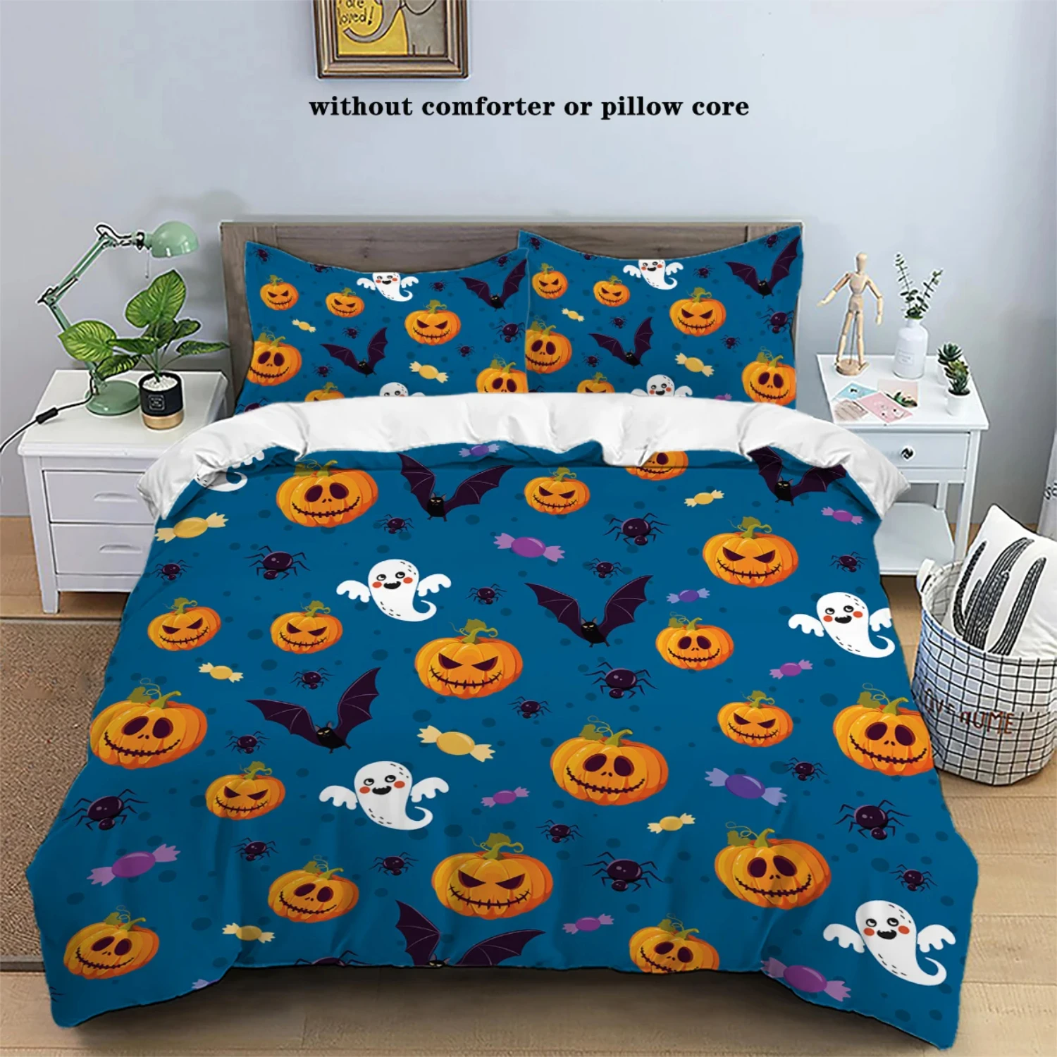 Cozy 3pcs Cartoon Pumpkin Bedding Set - Includes Down Duvet Cover and 2 Pillowcases - Perfect for Bedrooms, Guest Rooms, and Hot