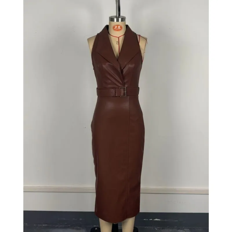 العصرية المرأة بولي Leather فساتين جلدية مزاجه بلون حزام حزمة الورك Bodycon شق فستان موضة السيدات التنقل Vestidos