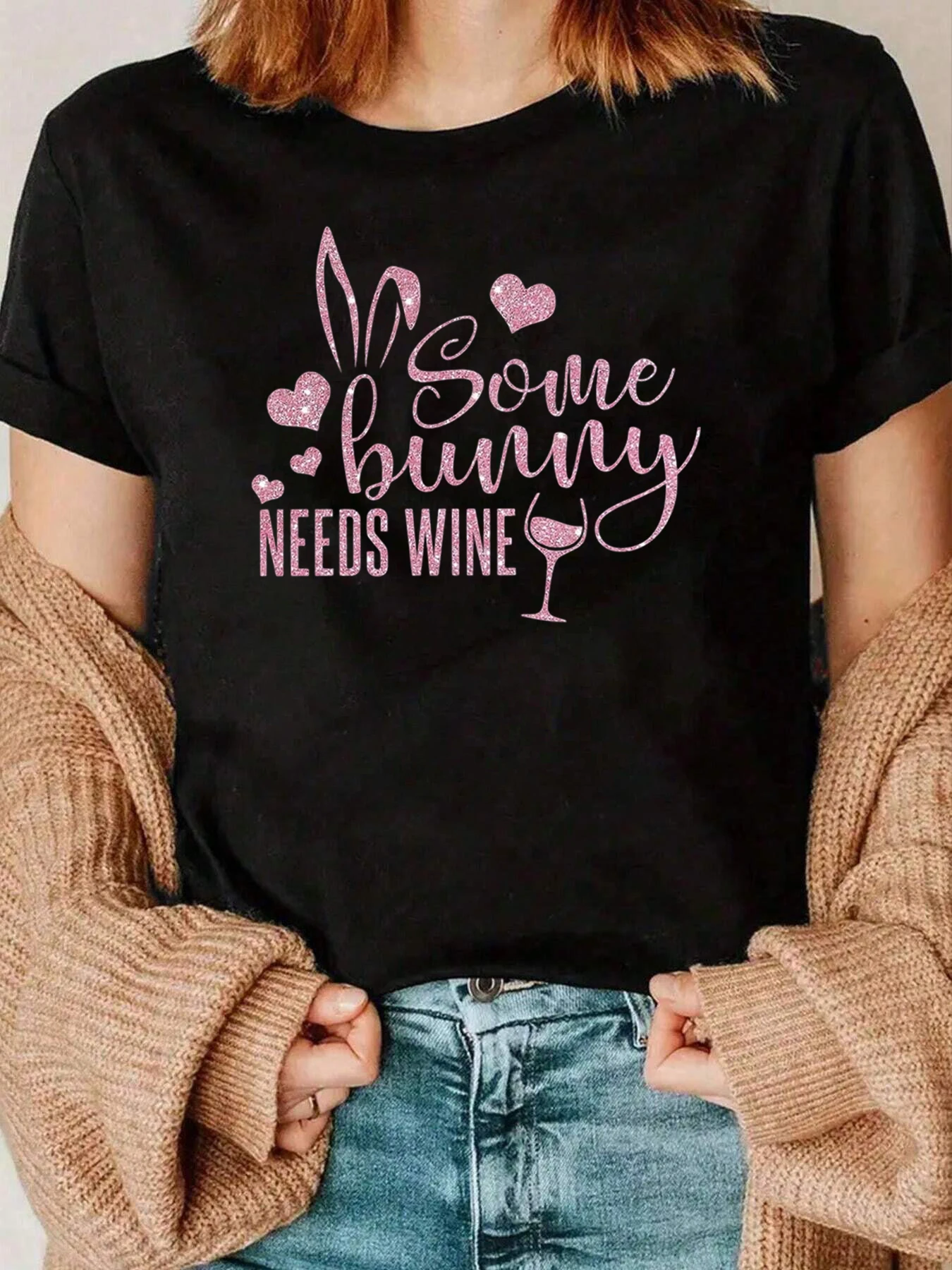 

Some Bunny Needs Wine Print Easter T Shirt Women Casual Spring Outfit 220g