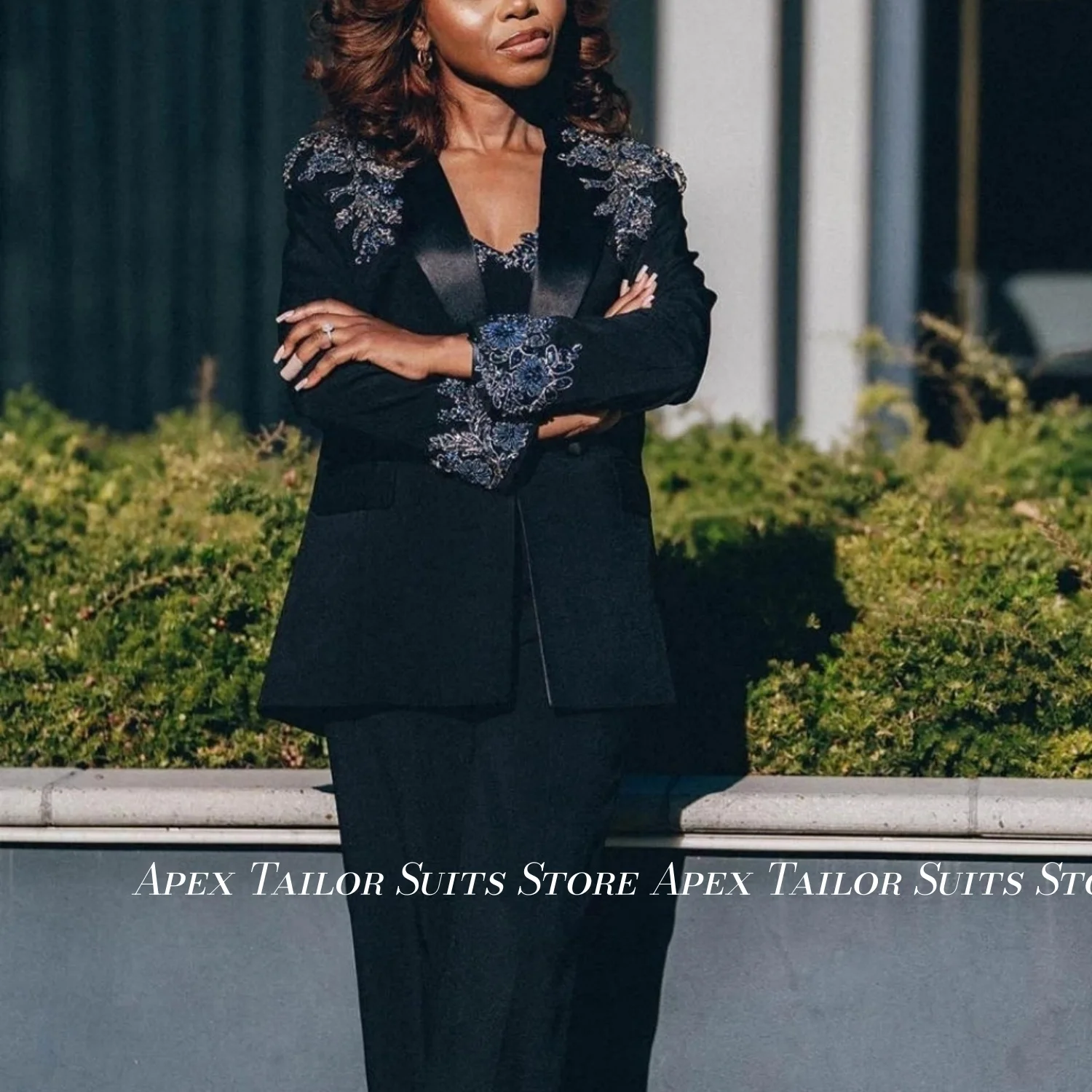 Elegant Women Suit Set Beaded Embroidery Wowen 2pcs Blazer Jacket Pants Formal Evening Party Prom Wedding Lady Matching Suits