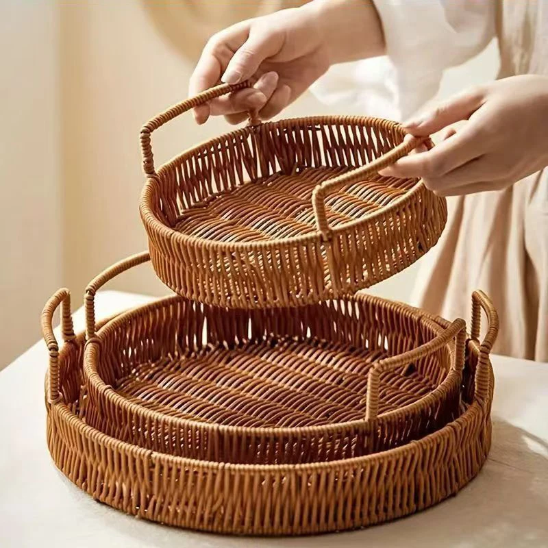 Food Plate Handwoven Plastic Imitation Rattan Storage Tray Round Shape Fruit Vegetable Cake Storage Basket With Handle