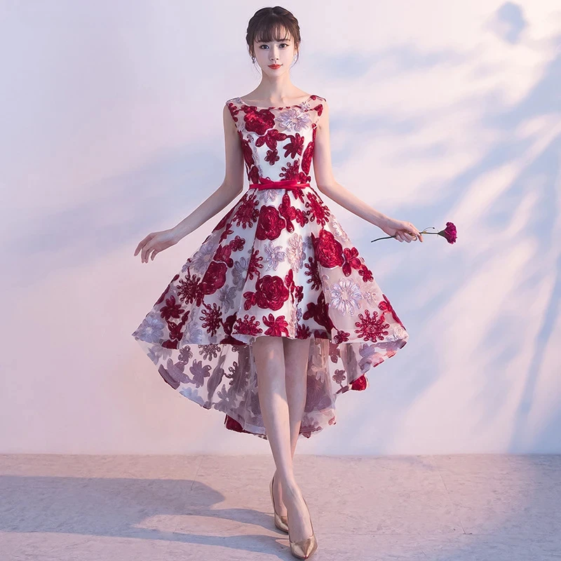 

Floral Print Burgundy Bridesmaid Dresses 2025 Appliques O Neck Banquet Prom Gown 2020 Spring New