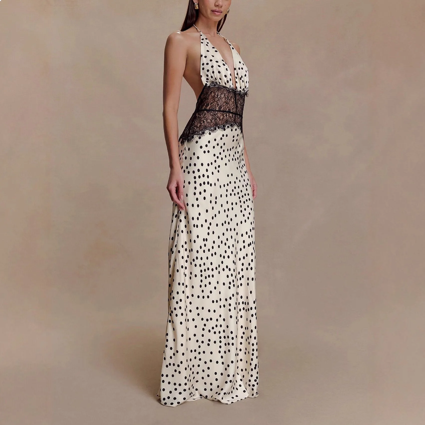 Elegant Deep V Silk Satin Maxi Dress Summer Spring Satin Dresses Sexy Backless Tie Waist view 4