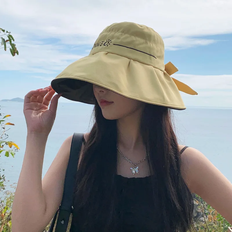 Korean Embroidery Letter Bow Vinyl Protective Summer Travel Folding Windproof Sun Hat New