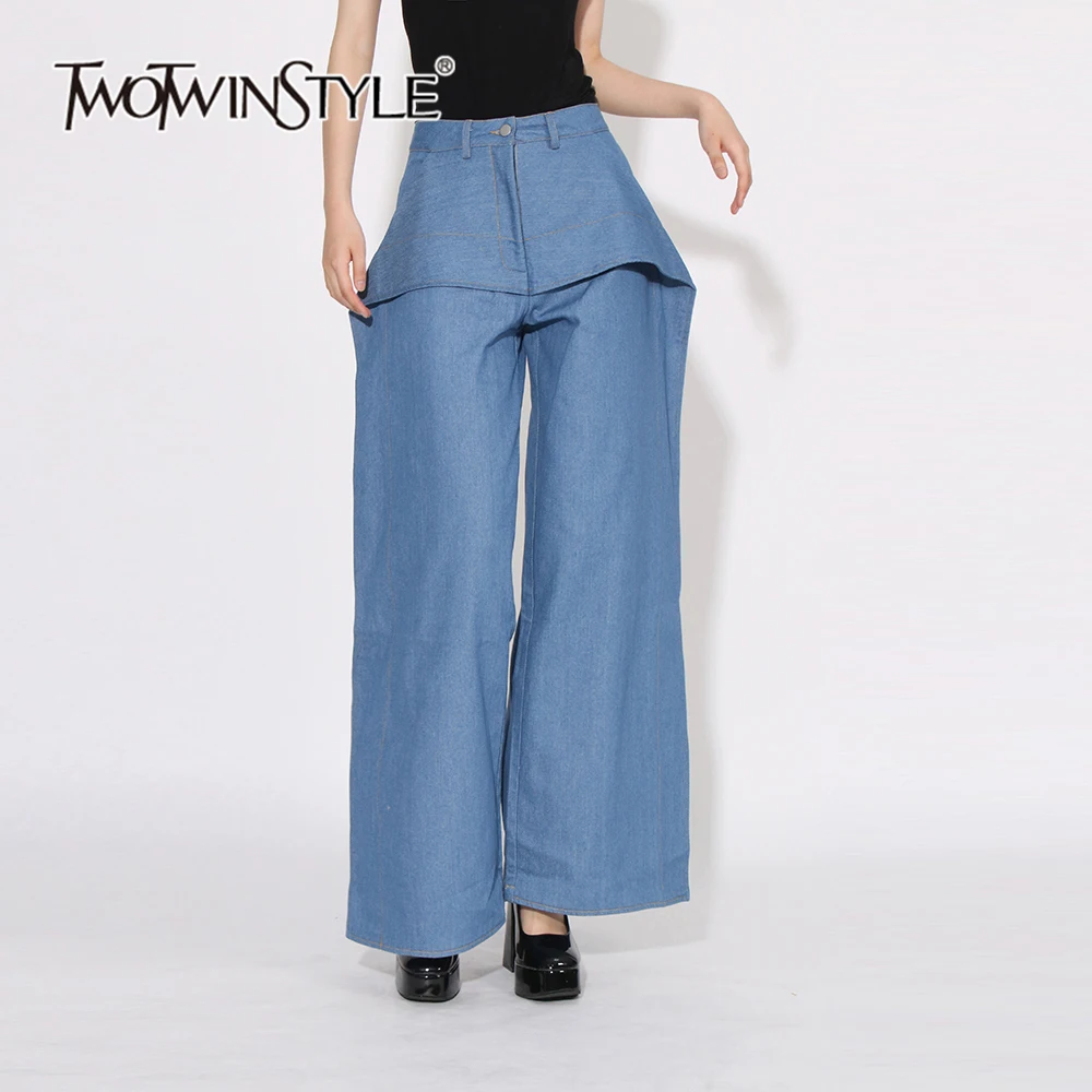 

TWOTWINSTYLE Solid Patchwork Pockets Loose Denim Pant For Women High Waist Spliced Button Casual Wide Leg Pants Female Fashion