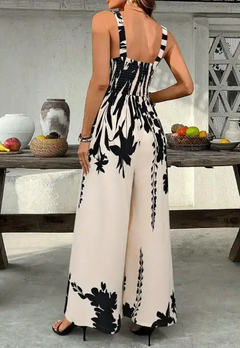 

V-Neck Ethnic Style Printed Drawstring Waist Jumpsuit with Twisted Design, Hollowed Out Vacation Women's Camisole Jumpsuit