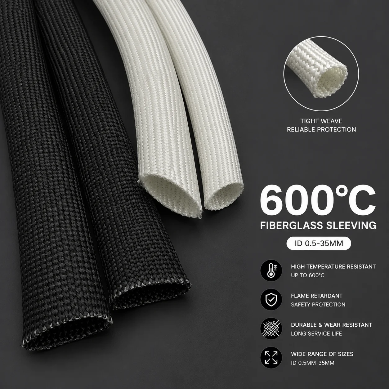 20/10/5/2M Black & White 600-Degree Glass Fiber Tube ID: 0.5mm-35mm Power Plant High-Temperature Cable Insulation Sleeve