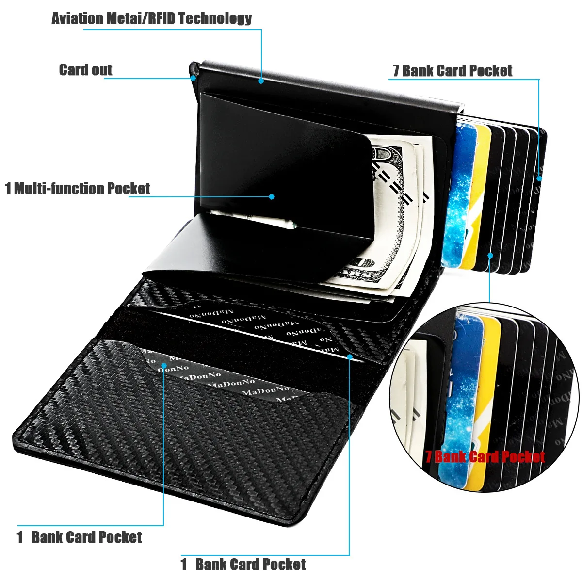 Carbon Fiber Credit Card Holder Wallet Men Rfid Smart Metal Thin Slim Pop Up Minimalist Wallet Small Black Purse Metal Wallet