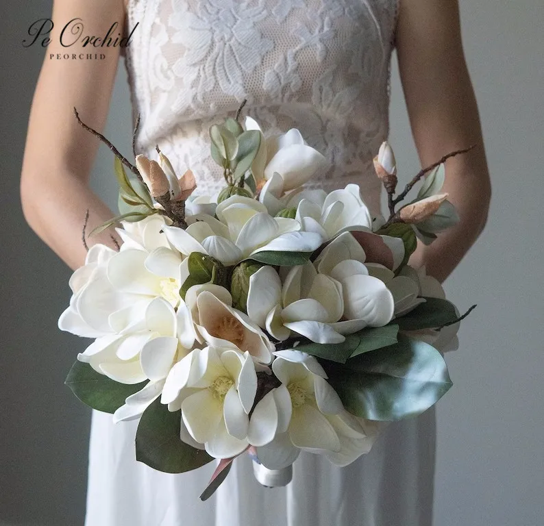 PEORCHID 2023 Magnolia Bridal Bouquet Fleurs Artificielles Mariage Boho Ivory Greenery Flowers Wedding Hand Bouquet Decor