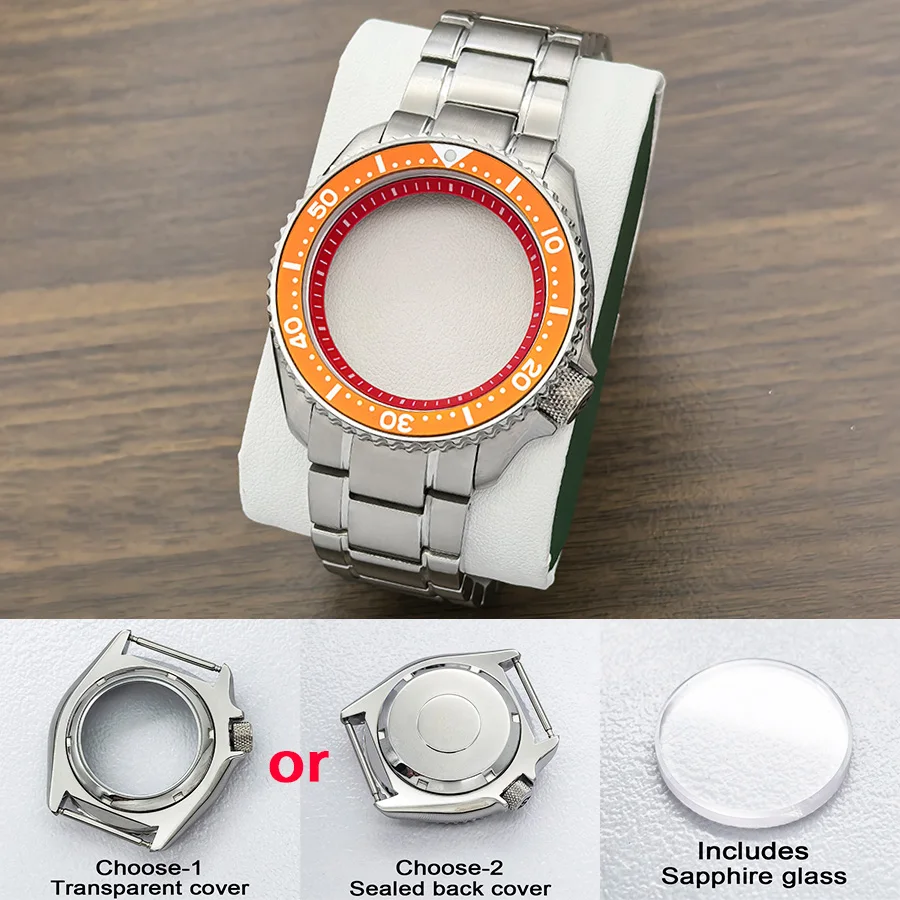 Customized NH35 Case SKX007 SRPD Watch Case With Red Chapter Ring Flat Sapphire Glass Fit NH35 NH36 4R 7S26 Movement 28.5MM Dial