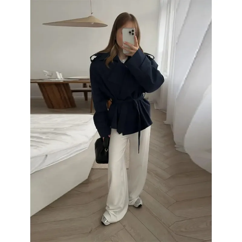 Women Oversized Short Trench Coat Belted Lapel Epaulet Cropped Mid Waist Casual Windbreaker Elegant Commute Autumn Outerwear