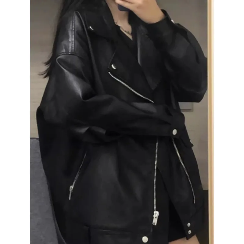 PU 가죽 두꺼운 재킷 여성용 루즈핏 코튼 아메리칸 스타일 레트로 코트 하이스트릿 스타일 긴팔 턴다운 칼라 재킷