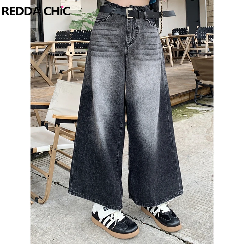 

ReddaChic Women Whiskers Black Cropped Denim Pants Vintage Wash Straight Wide Casual High Waist Baggy Jeans Boyfriend Streetwear