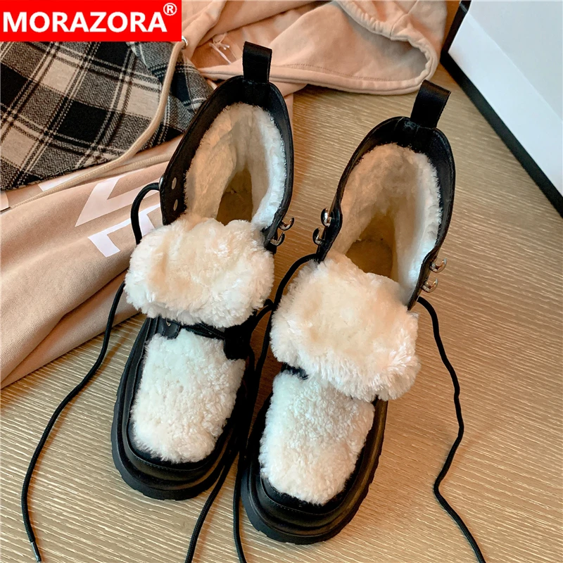 

MORAZORA 2024 New Genuine Leather Wool Snow Boots Women Lace Up Wool Blend Inside Warm Winter Boots Ladies Ankle Boots