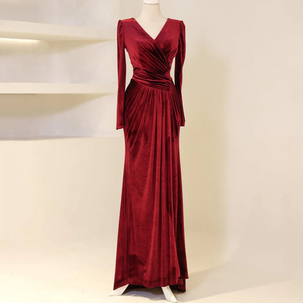 

Elegant Velvet Long Sleeve Evening Dress V-Neck with Pleat Floor Length Straight Women Custom Made Zipper Gowns for Party