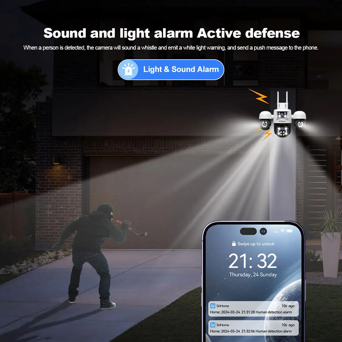 Srihome SH069 Уличная Wi-Fi камера с четырьмя объективами, 3-кратным зумом, 8-мегапиксельная камера с четырьмя объективами, камера видеонаблюдения с автоматическим отслеживанием HD, беспроводная IP-камера наблюдения