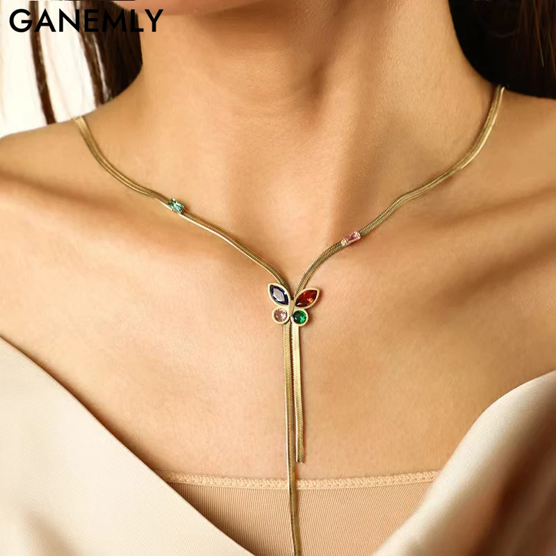 GANEMLY 316L Stainless Steel Colored Zirconia Butterfly Tassel Necklace For Women Fashion Neck Chain Waterproof Jewelry Gift