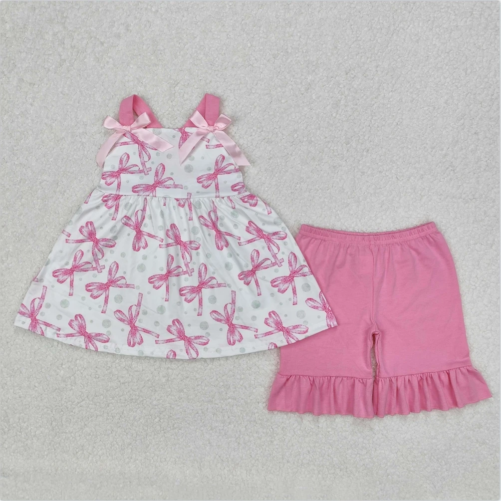

Hot Sale Baby Girls Kids Clothing Boutique Shorts Fashion pink bows Straps Top cotton Clothing Toddler Shorts Clothes Sets