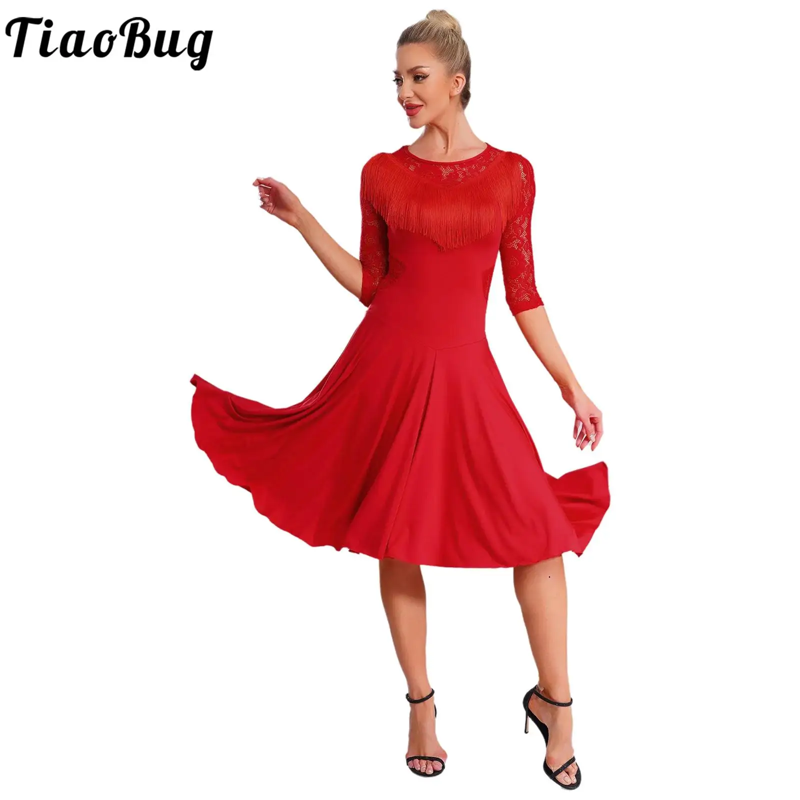 

Women Latin Rumba Dance Dress with Safety Shorts Sheer Floral Lace Tassel Swing Dress for Samba Tango Dance Class Competition