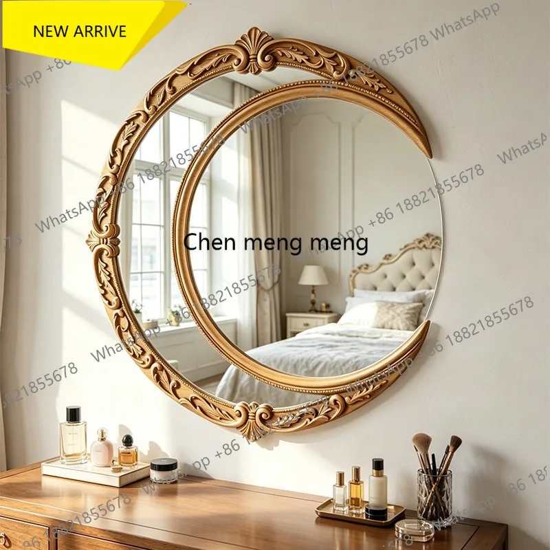D132 French retro carved moon mirror light luxury special-shaped hanging mirror bathroom entrance decorative mirror