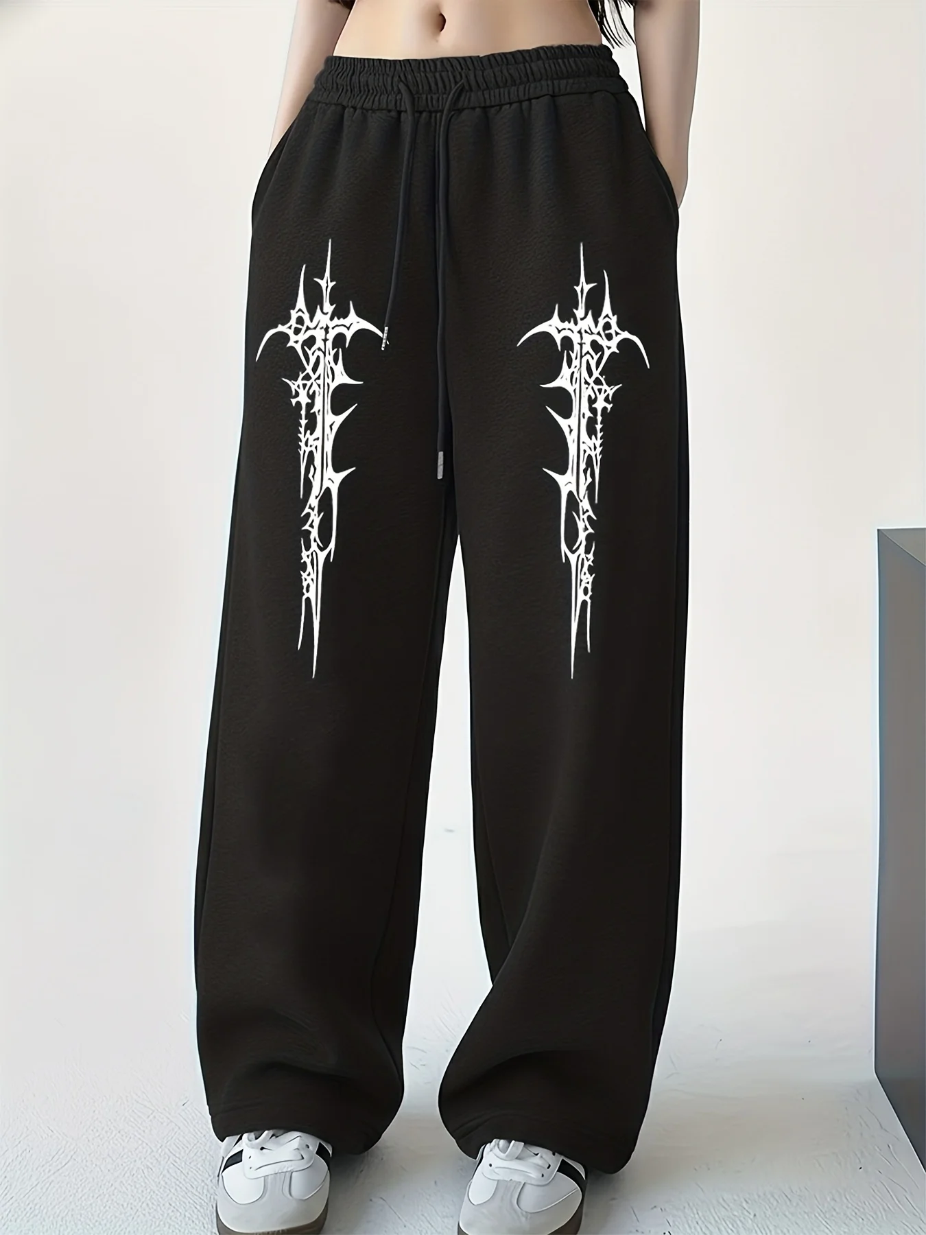 Black Casual Sports Pants with Gothic Style Thorn Cross Pattern Print, Elastic Waistband Drawstring, Wide Leg Straight Leg Pants