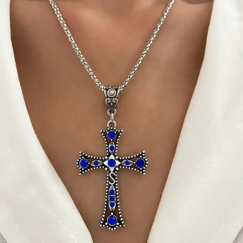 Vintage Baroque Christian Cross Necklace for Women Man Silver Color with Crystals Gothic Crucifix Symbol Easter Unisex Jewelry