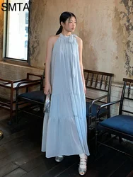 SMTA Summer 2024 Dress French Elegant Loose Oversized Halter Dress Holiday Sleeveless Dress Women Hanging Neck Bow Long Dresses