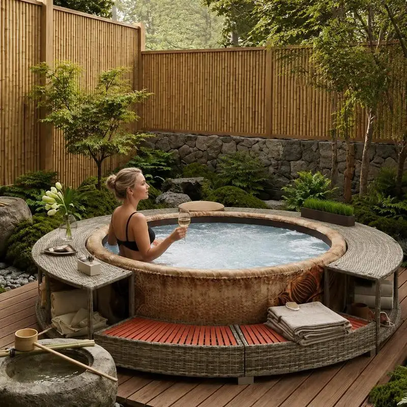 Enceinte de spa ronde en osier, structure en résine tressée grise avec cadre en acier thermolaqué et bois dur d'eucalyptus, diamètre extérieur 283 cm, diamètre intérieur 203 cm, hauteur 25-55 cm, emplacement pour pack d'alimentation de 42 cm, rangement intégré, plateforme de spa extérieure résistante aux intempéries