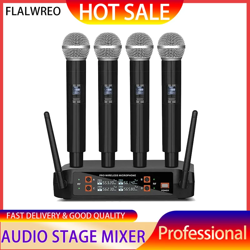 FLALWREO Wireless Microphone Handheld 4 Channel UHF Fixed Frequency Dynamic Microphone For Karaoke