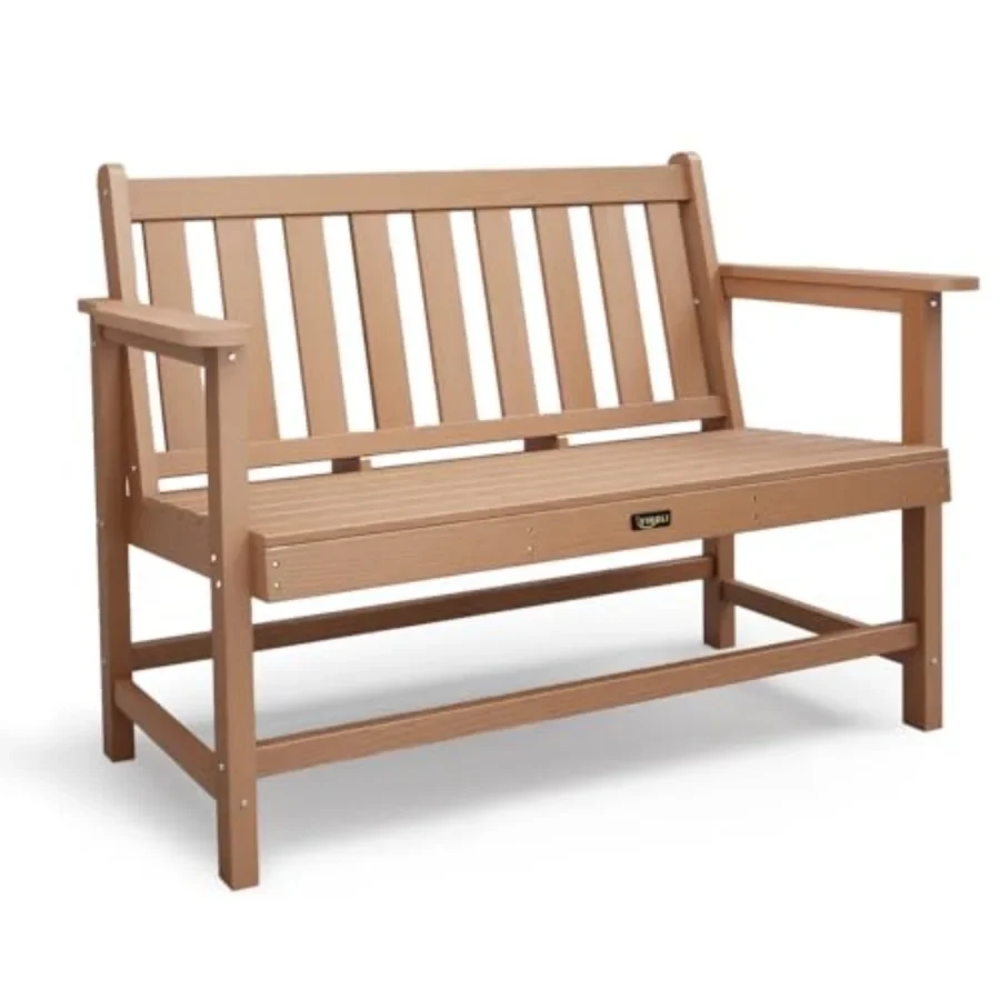 49in HDPE Outdoor Bench with Backrest and Armrests, 2-Person Weatherproof Patio Bench, Heavy Duty 600 lbs Capacity, Low Mainten